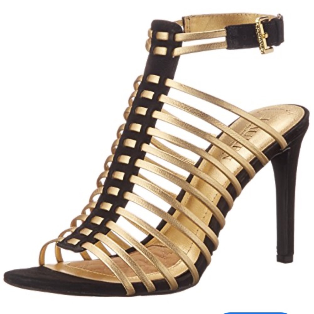 RALPH LAUREN GOLD BLACK STRAPPY COCKTAIL SANDALS SHOES SIZE 9.5